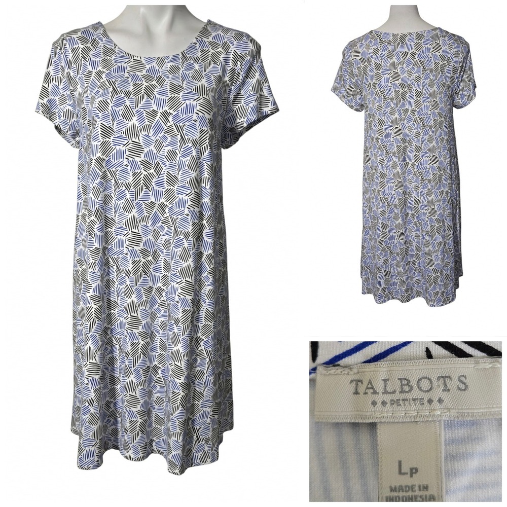 Talbots Petite Blue Black White Geometric Hatch Print Shift Dress Size LP